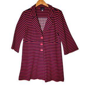 Lieu Striped Lagenlook Tunic Knit Blazer Womens L Bell Sleeves Red Blue Stretch